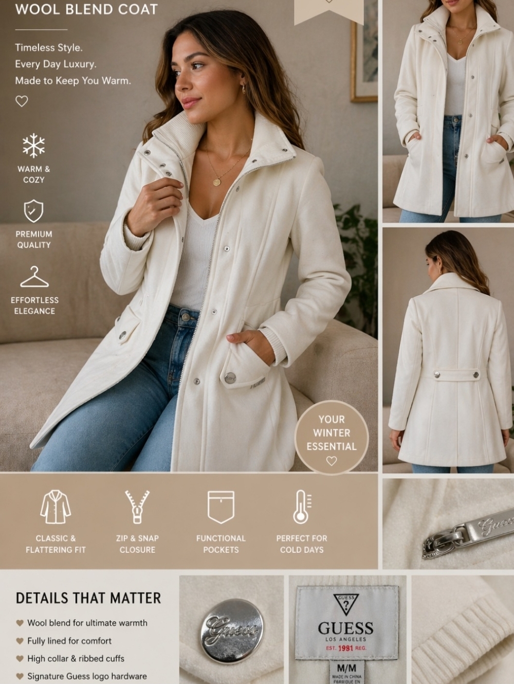 GUESS Cream Wool-Blend Pea Coat
